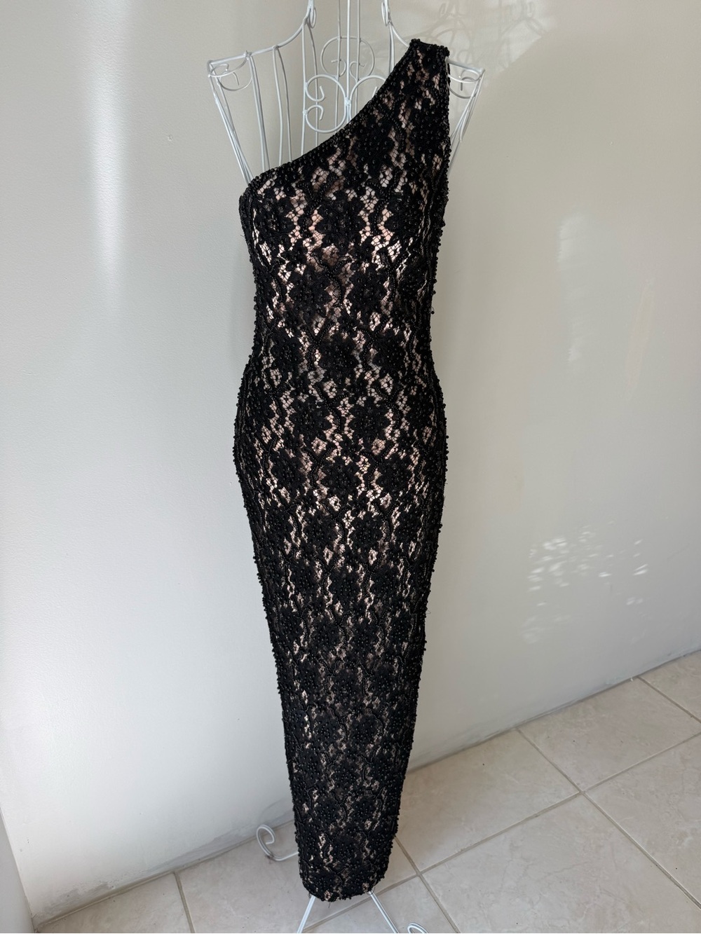 Cassandra Stone Black Lace Beaded One Shoulder Maxi Gown Nude Lined Size 4